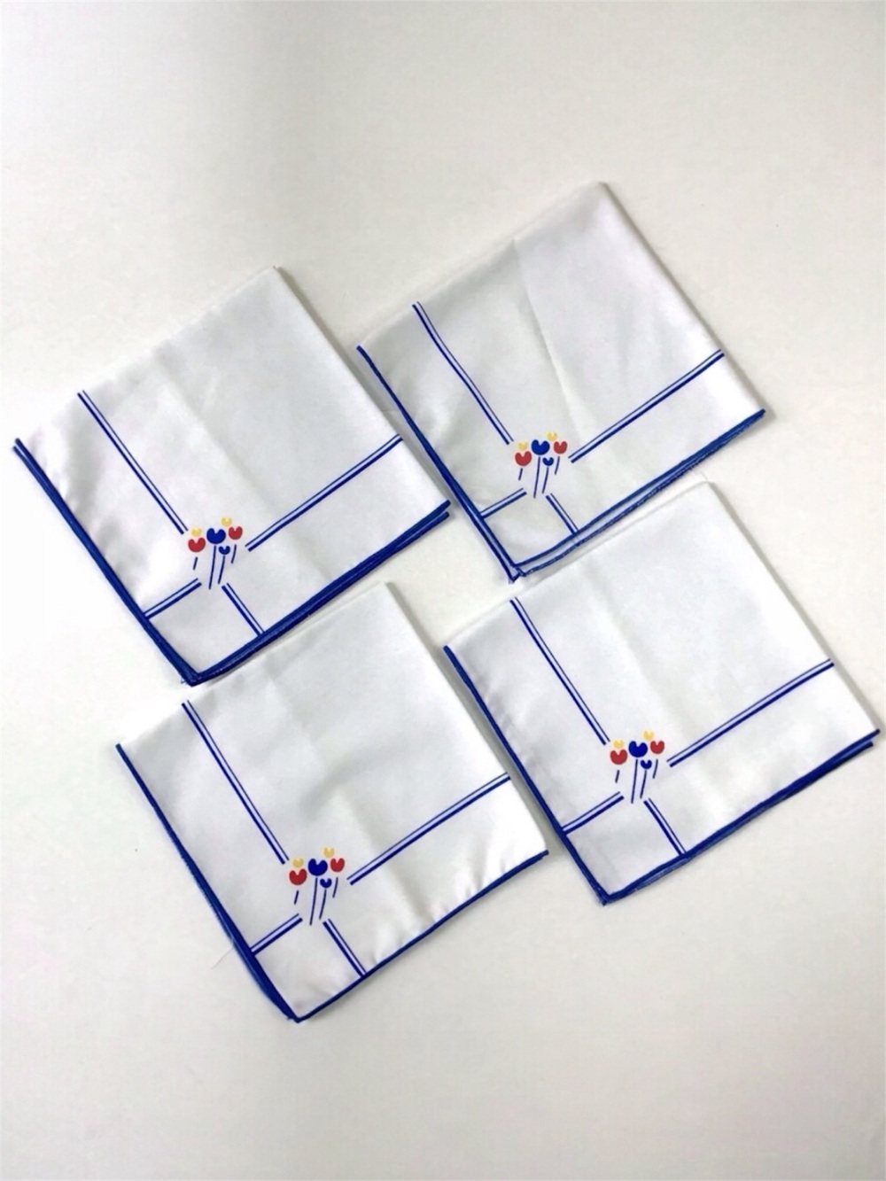 Vintage 1980s Cloth Napkins Set of 4 White Blue Edge Red Yellow Abstract Flower